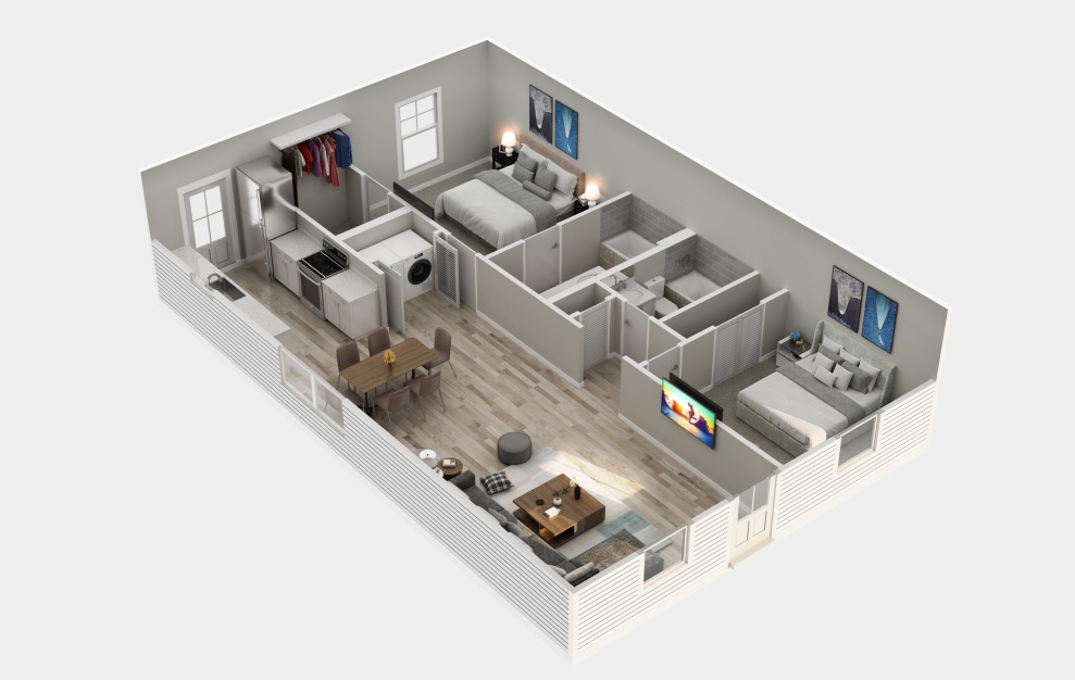 The Hickory - 2 bedroom floorplan layout with 2 baths and 1177 square feet.
